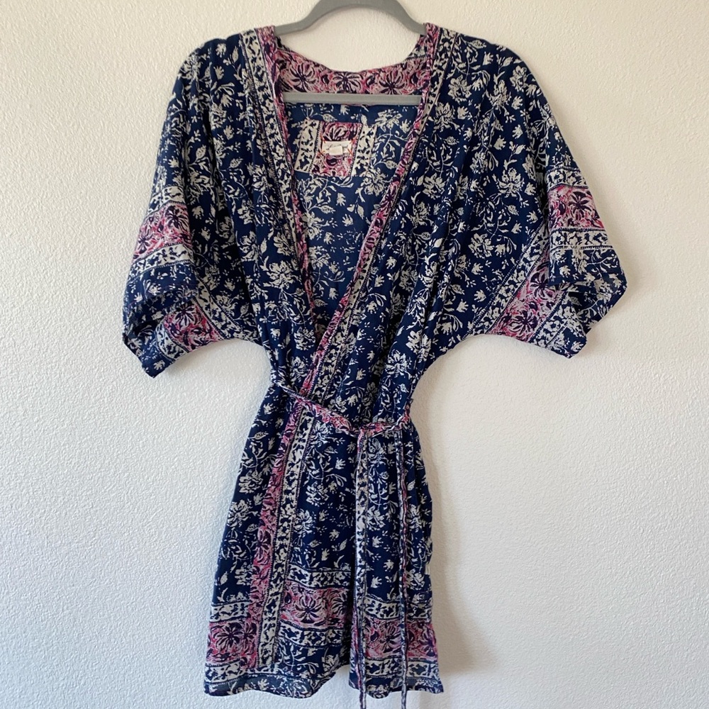 Lucky brand wrap tunic top robe bohemian tie large xl